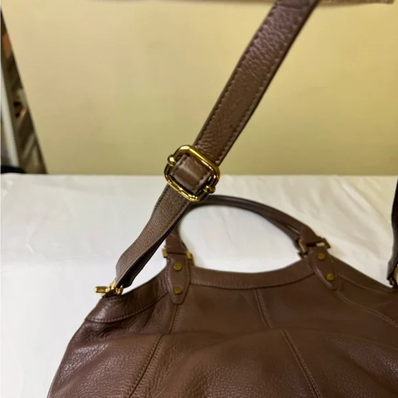 Tory Burch Brown Pebbled Leather Logo Tote Shoulder Bag